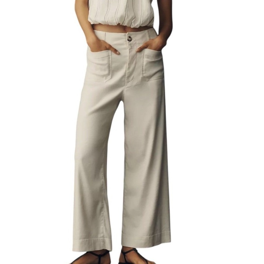 Maeve Anthropologie‎ Colette Linen Stretch Wide Leg Pants Chalk White 32T Tall